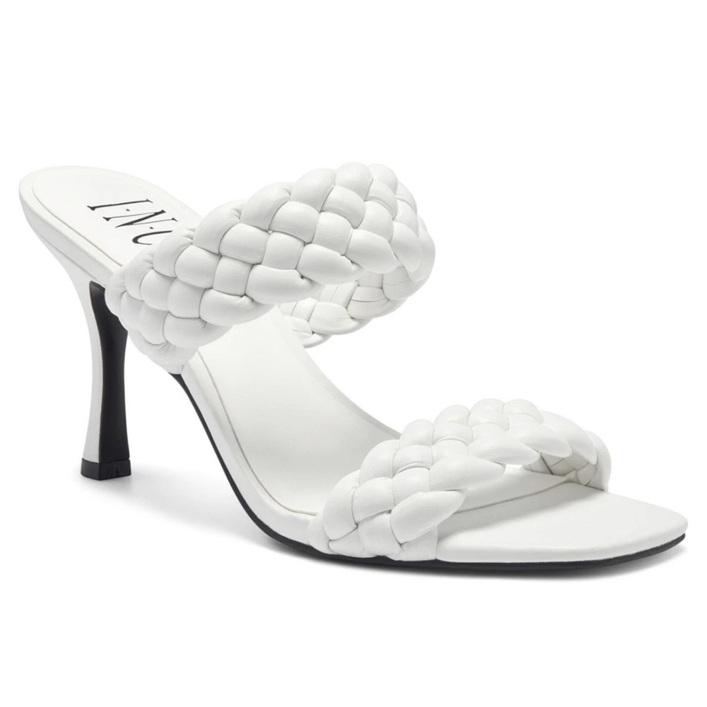 INC Womens White Braided Lyra Square Toe Stiletto Slip On Heeled Sandal